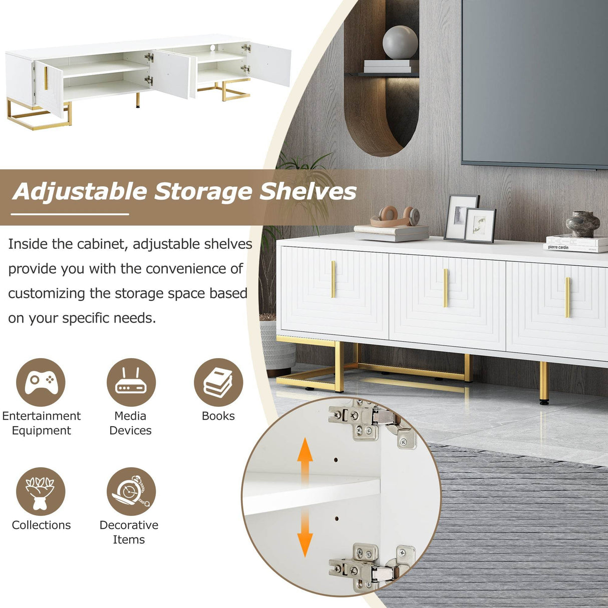 Modern White Gold Metal Legs TV Stand With Cabinets - Sleep Galleria