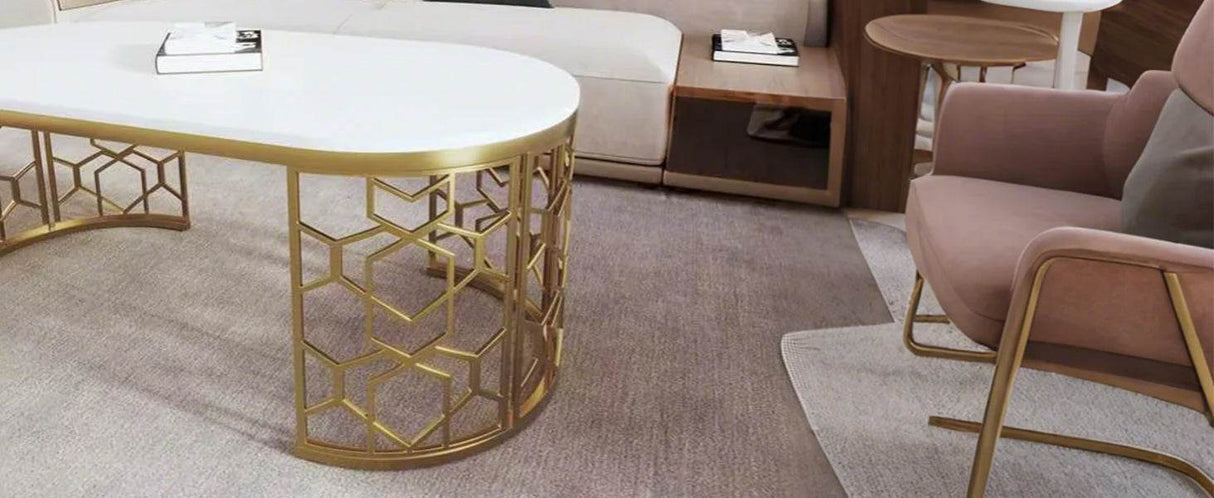 Modern Oval White MDF Gold Metal Coffee Table - Sleep Galleria