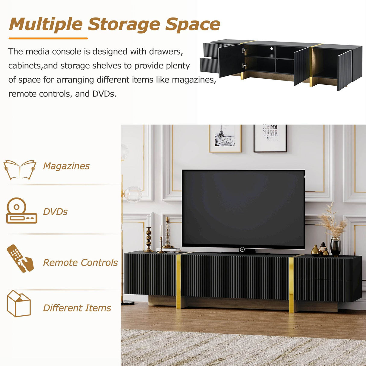 Luxury Fluted Black And Gold TV Stand With Storage - Sleep Galleria