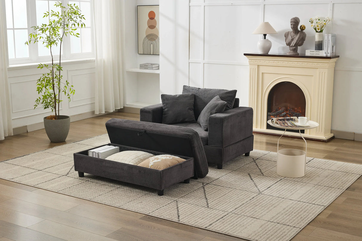 Dark Gray Corduroy Chaise Lounge Chair With Ottoman - Omega Lifestyles