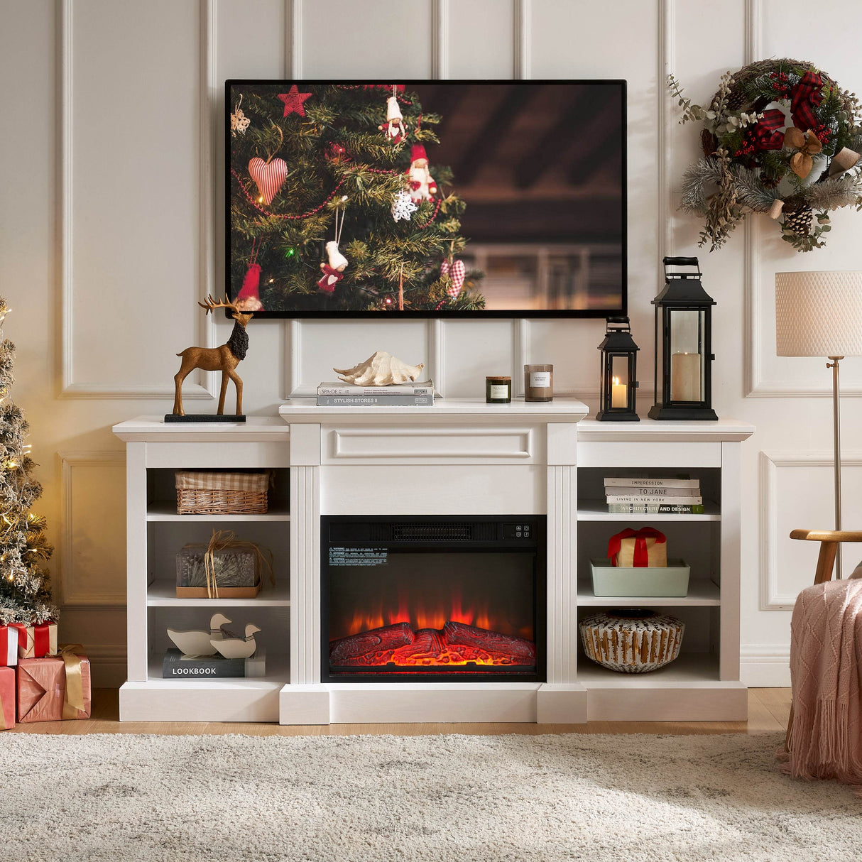 White Media Console Table With Fireplace Insert - Sleep Galleria