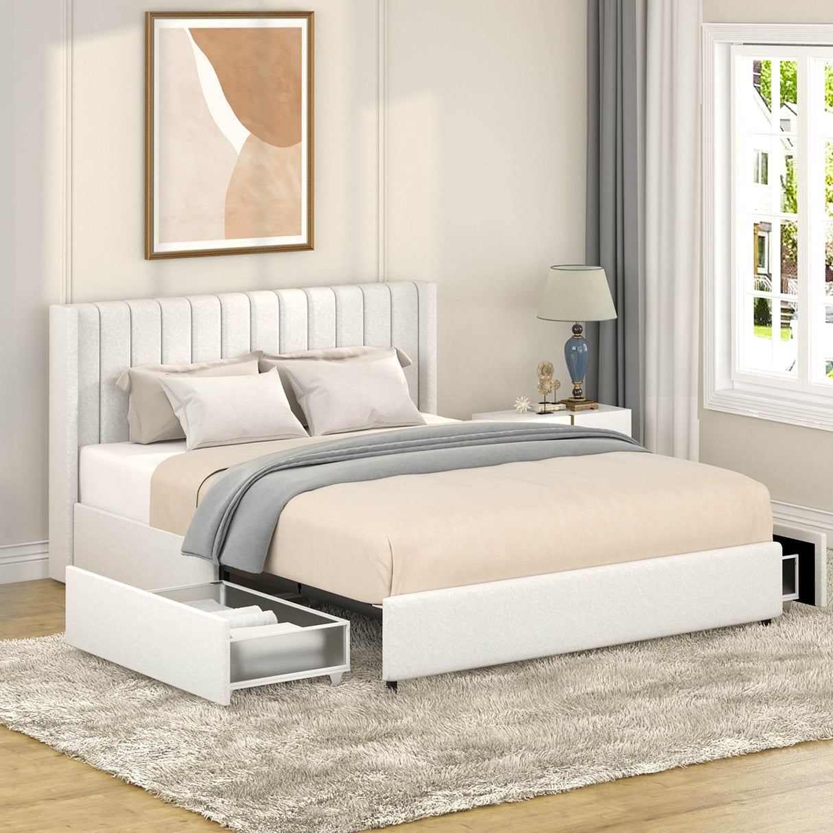 Ivory Boucle Upholstered Bed Frame With Two Drawers