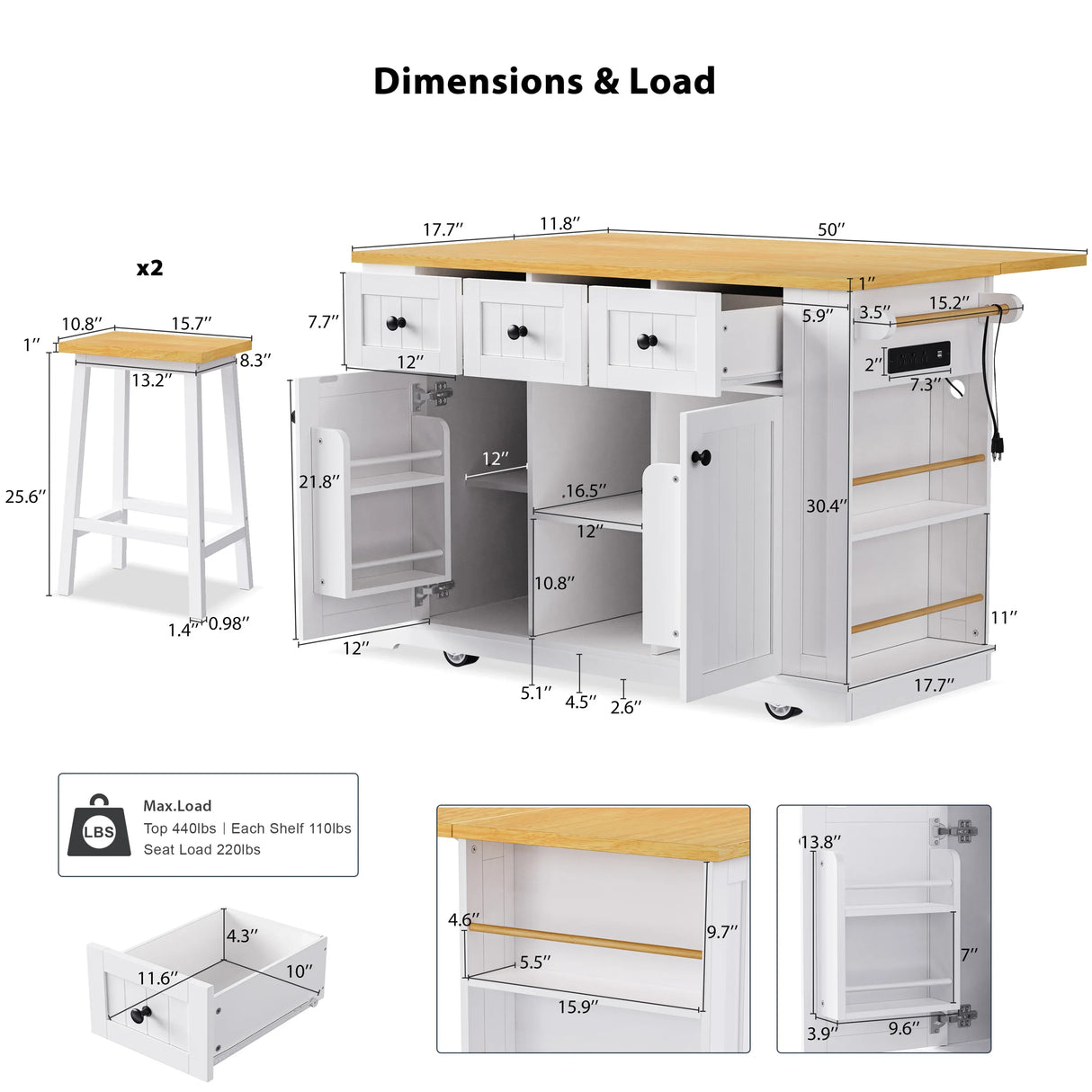 53-Inch Mobile Kitchen Island Set With Storage Drawers - Omega Lifestyles