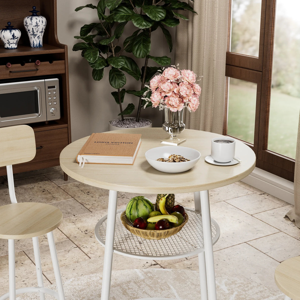 3-Piece White Oak MDF Dining Table Set With Stools - Omega Lifestyles