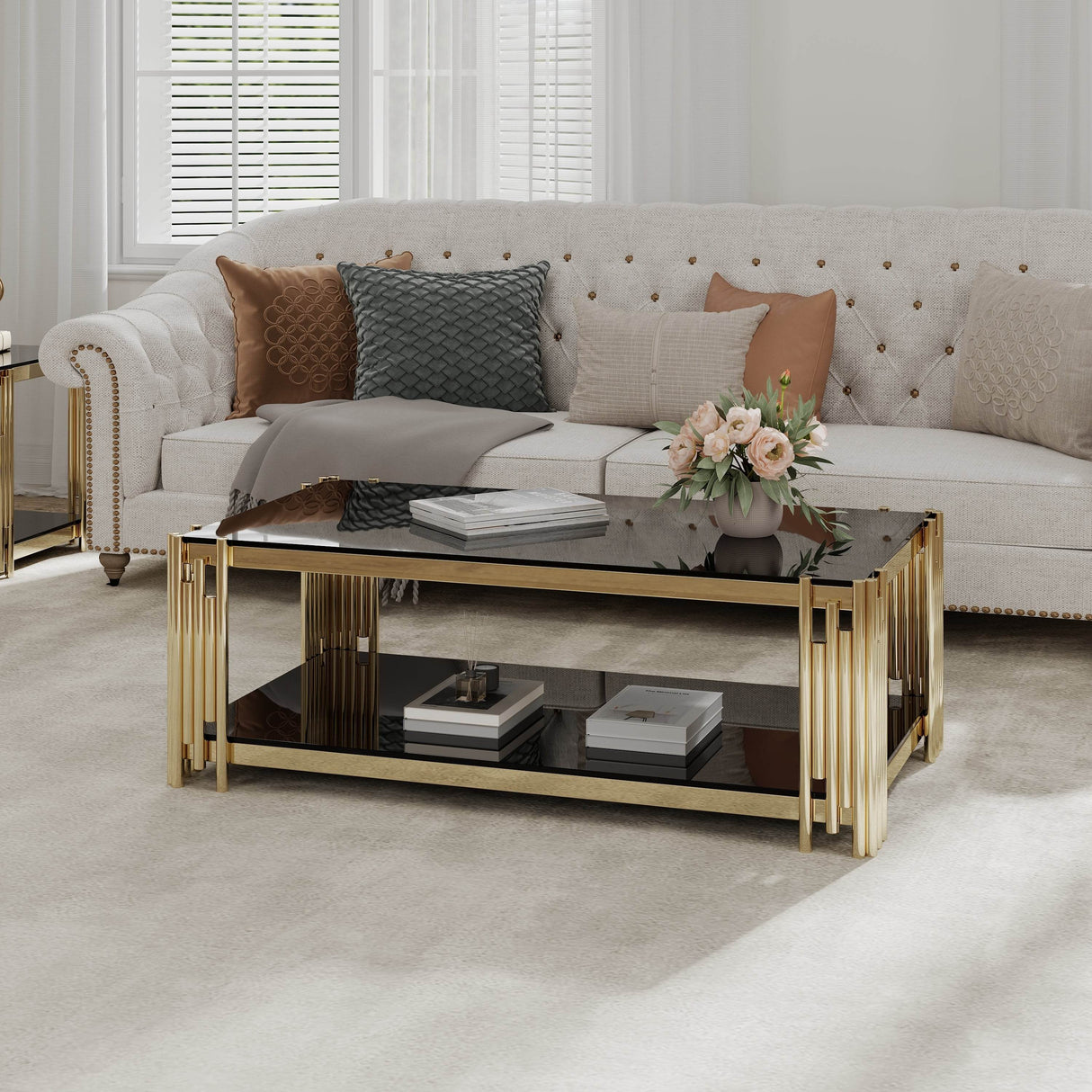 Golden Stainless Steel Rectangular Double-Layer Coffee Table - Sleep Galleria