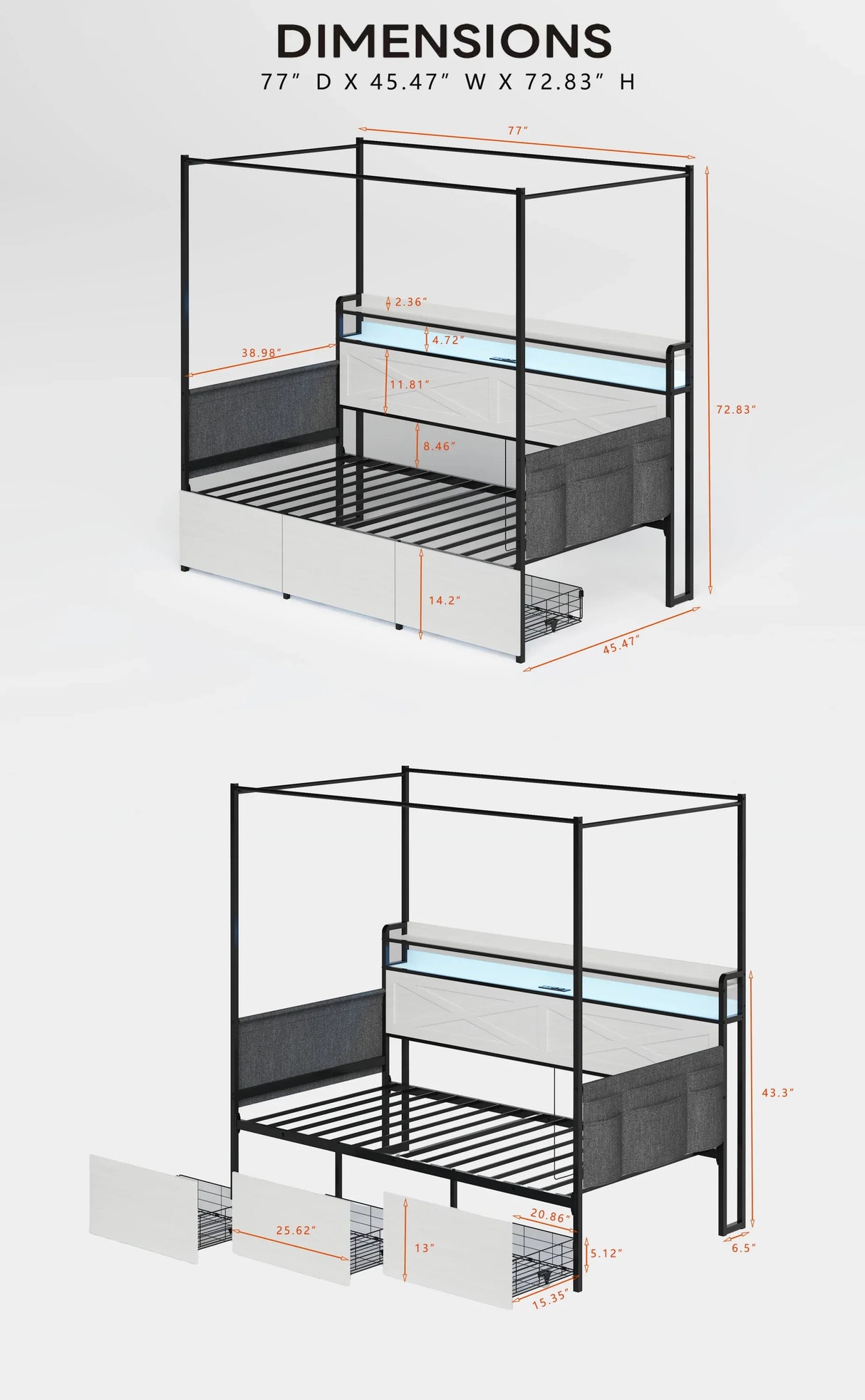 Twin Daybed Frame With 3 Storage Drawers LED Charging Station - Omega Lifestyles