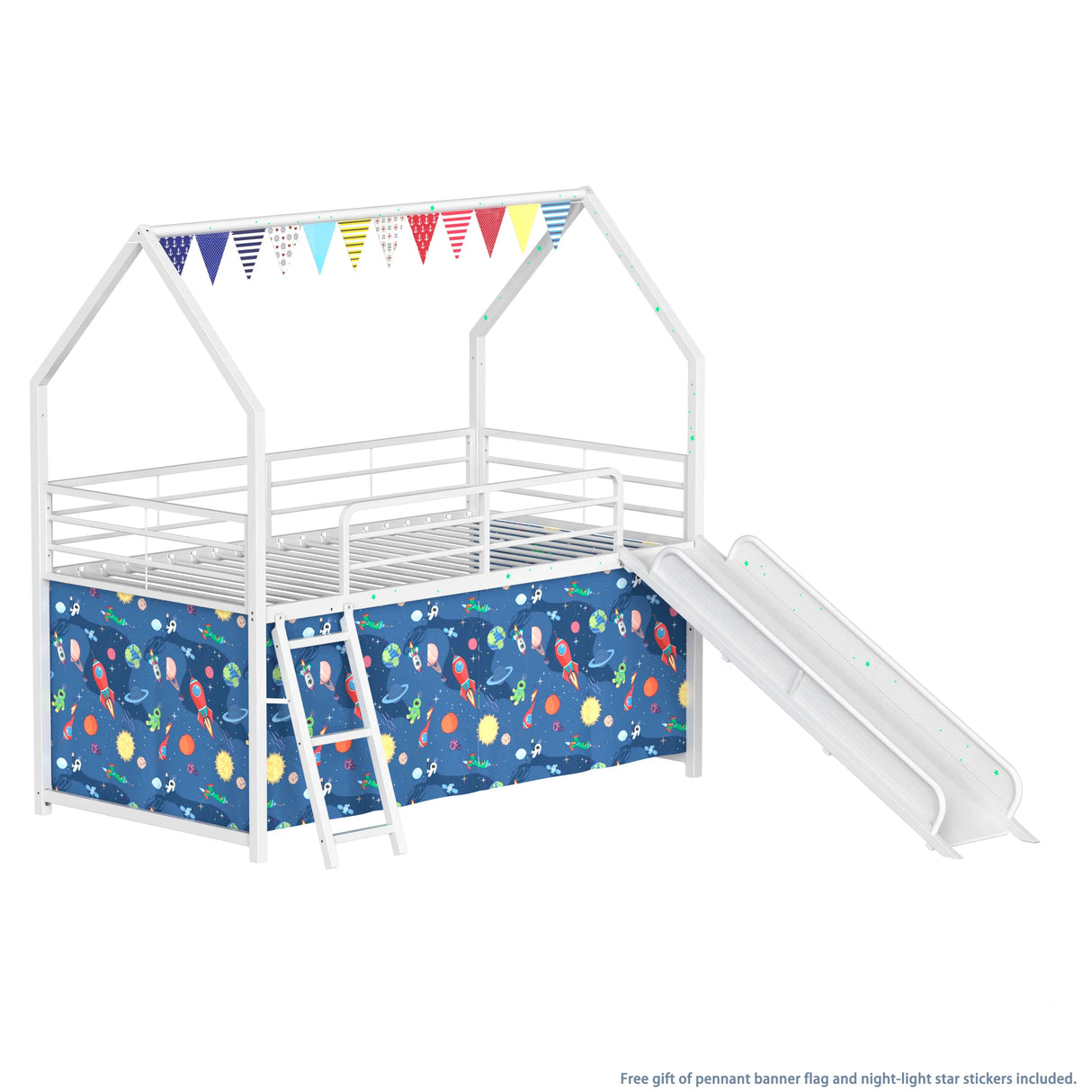 Twin Metal Junior House Loft Bed With Slide And Curtain Set - Omega Lifestyles