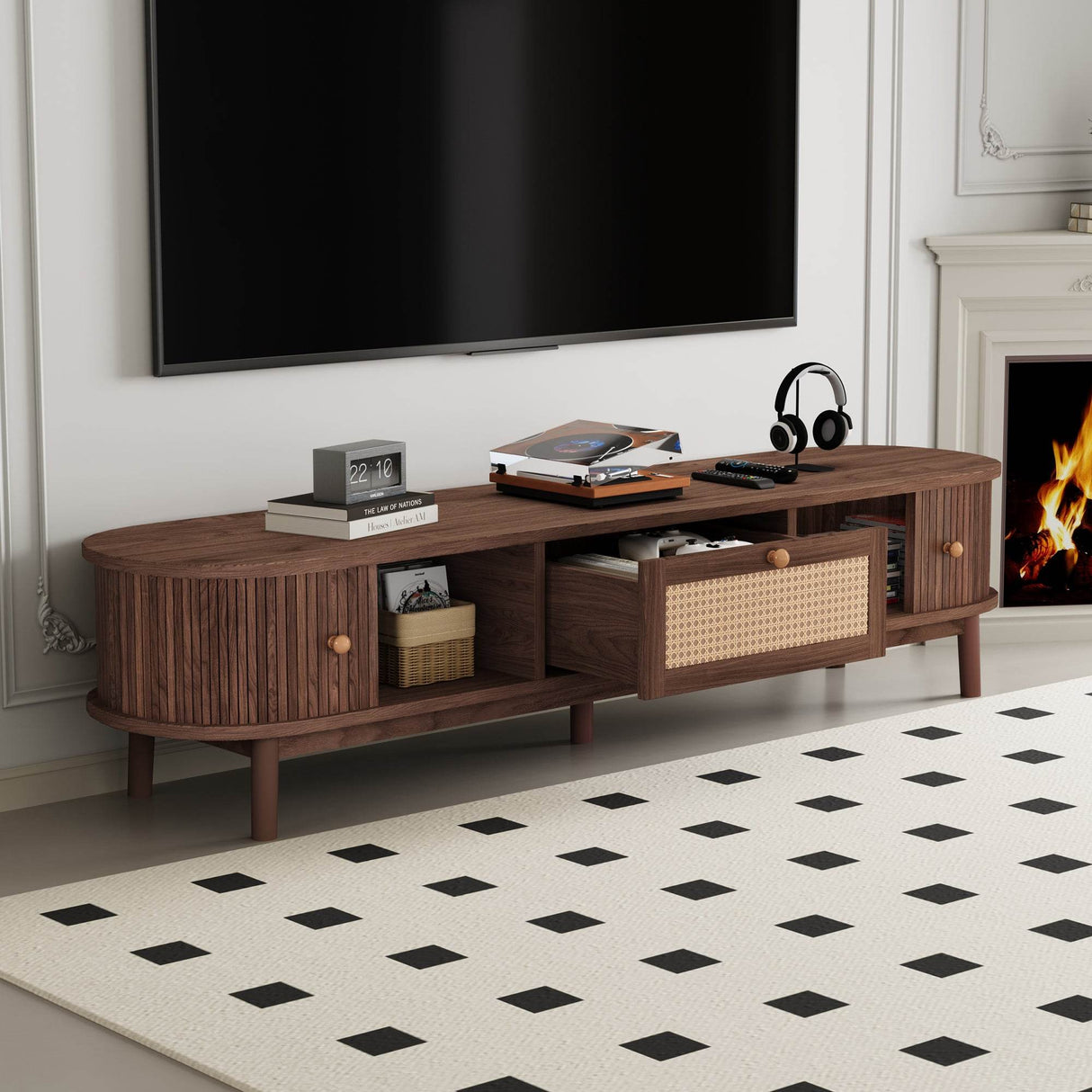 Modern Solid Wood Rattan Media Console TV Stand - Sleep Galleria