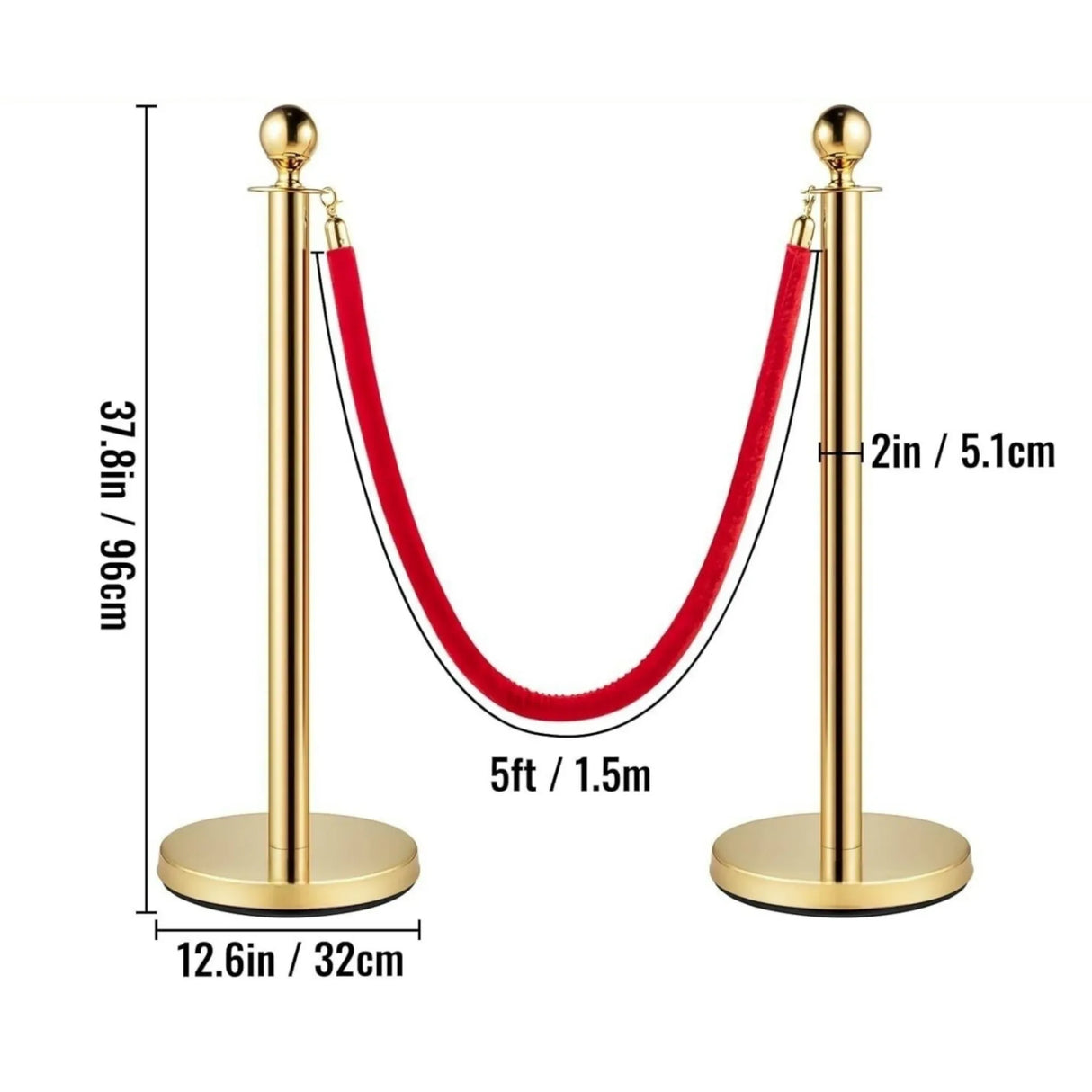 Set of 8 Stainless Steel Gold Velvet Rope Posts - Omega Lifestyles