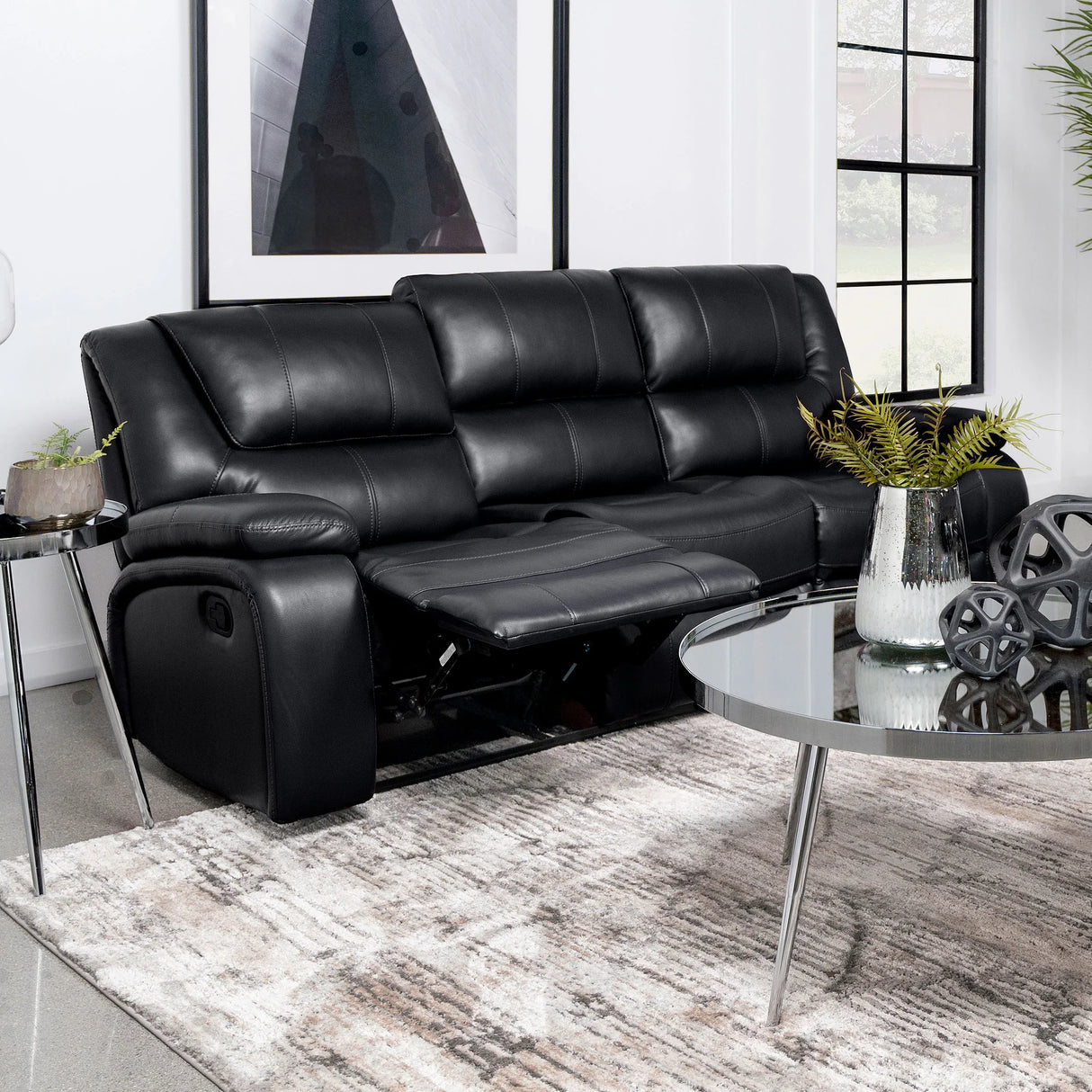 Black Upholstered Motion Reclining Sofa With Pillow Arms - Omega Lifestyles
