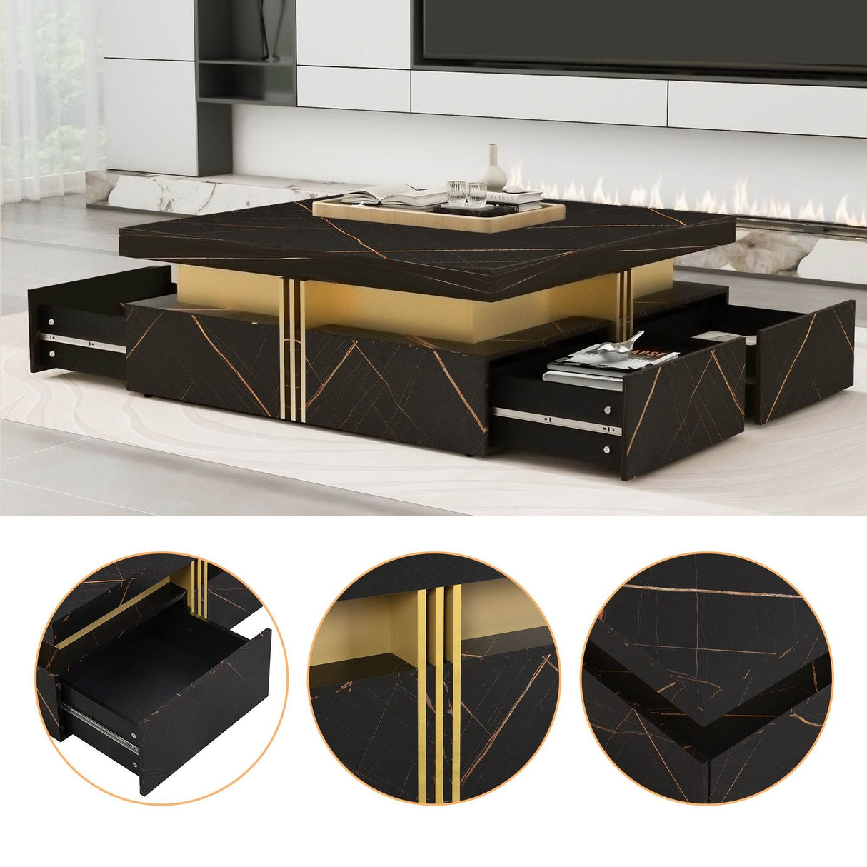 Modern Black Gold Accented Square Coffee Table With Storage - Sleep Galleria