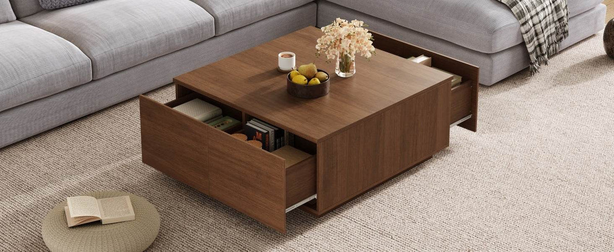 Modern Walnut Square Coffee Table With Four Drawers - Sleep Galleria