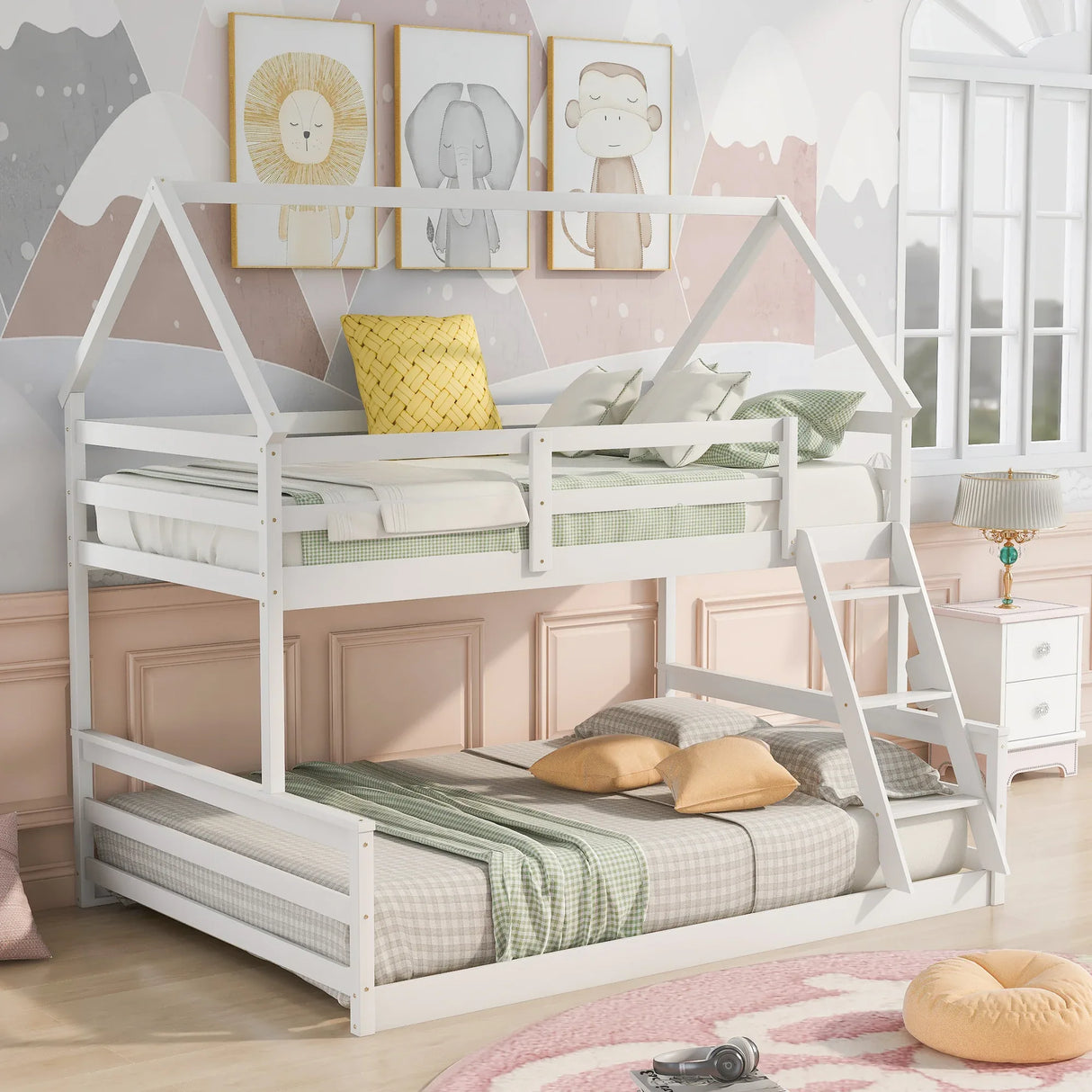 Twin Over Full Pine Wood House Bunk Bed With Ladder - Omega Lifestyles