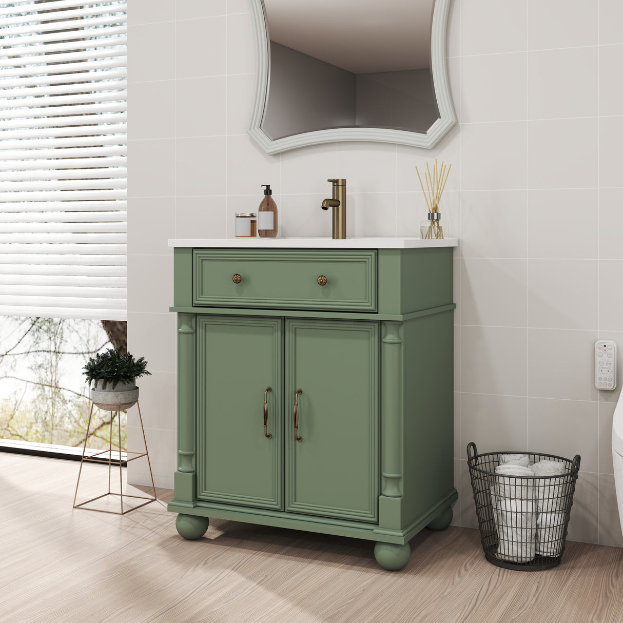 Medieval-Style Solid Wood Green Bathroom Vanity Cabinet