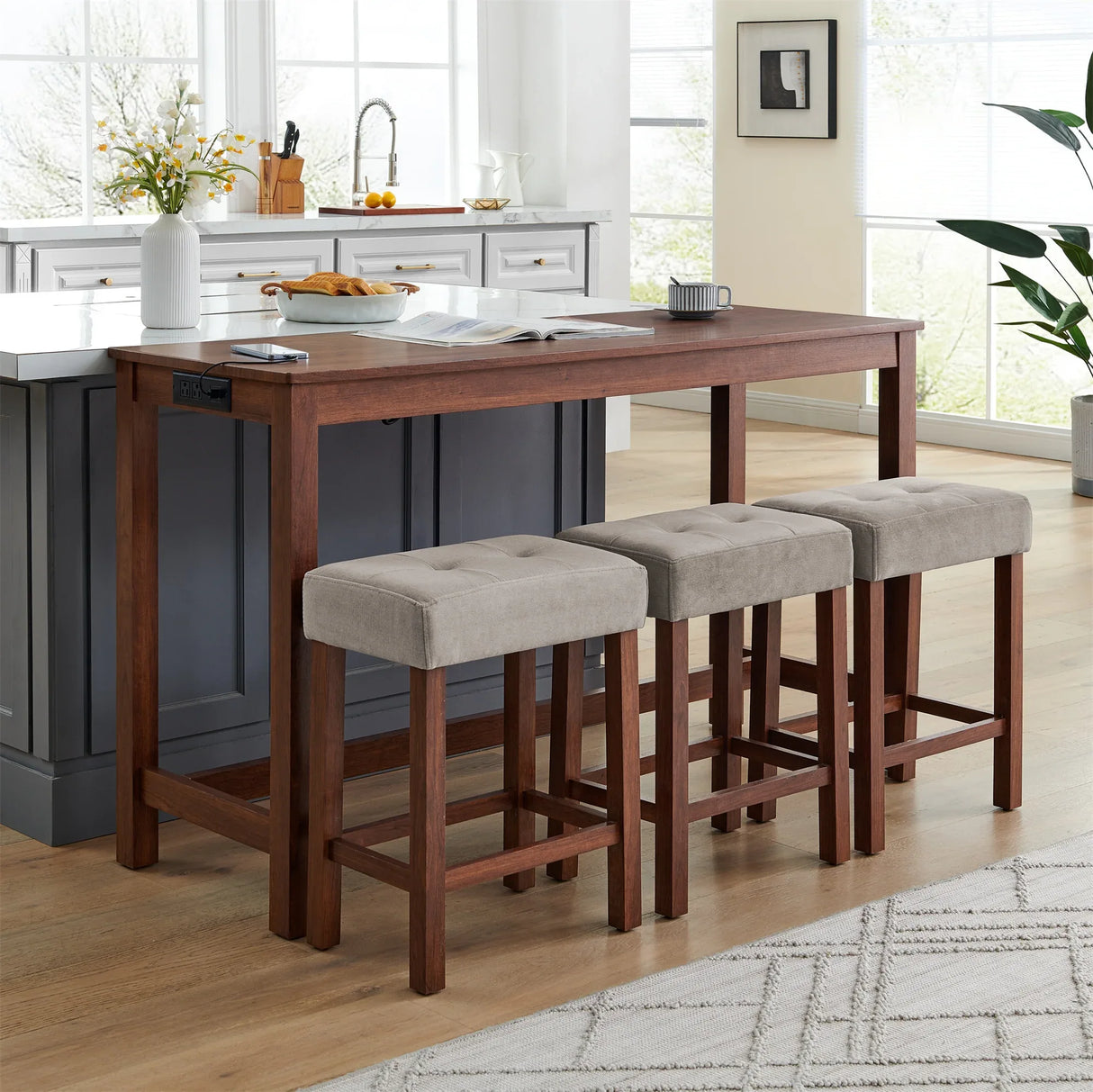 4-Piece Cherry Wood Bar Table Set With Power Outlets - Omega Lifestyles
