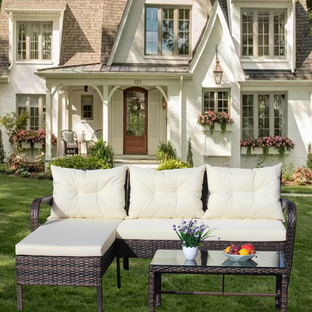 3-Piece Brown Rattan Outdoor Patio Sectional Furniture Set