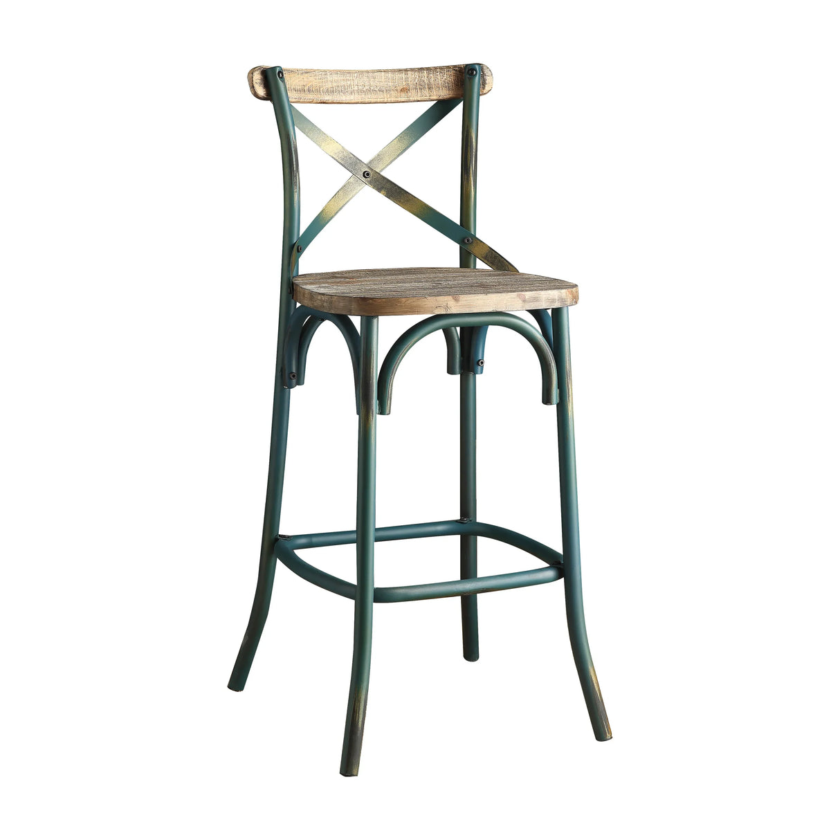 Vintage Industrial Armless Bar Chair With Oak And Turquoise - Omega Lifestyles