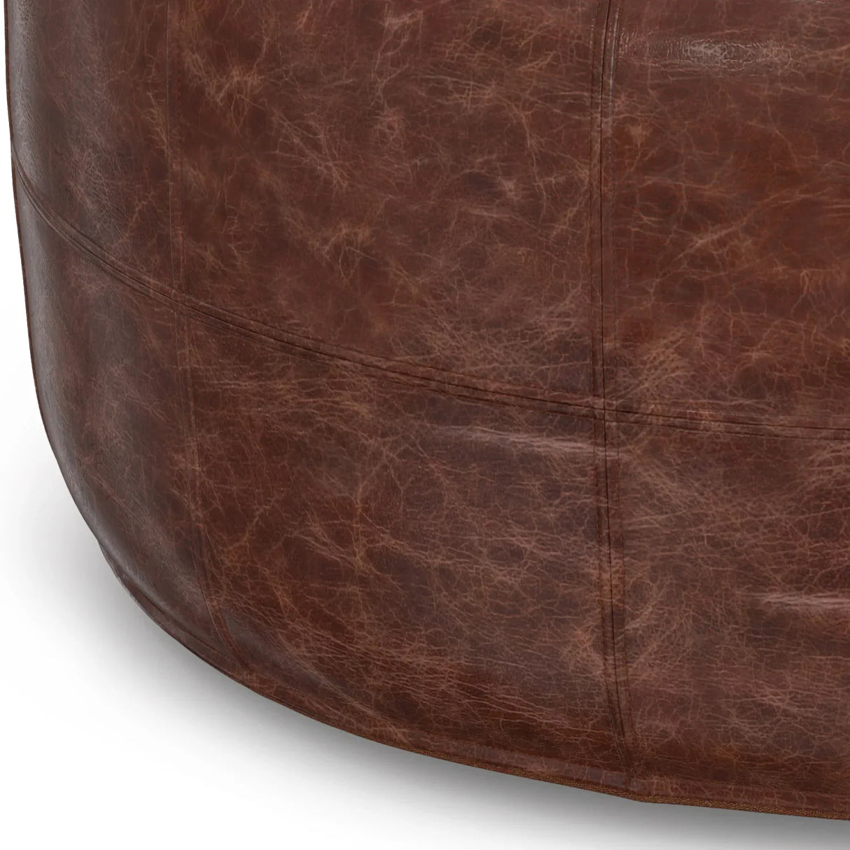 Distressed Brown Genuine Buffalo Leather Round Pouf - Omega Lifestyles