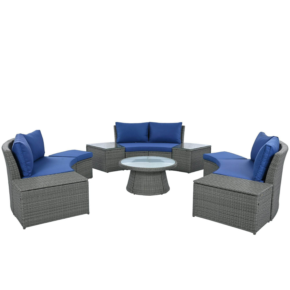 10-Piece Blue Outdoor Rattan Patio Sectional Sofa Set