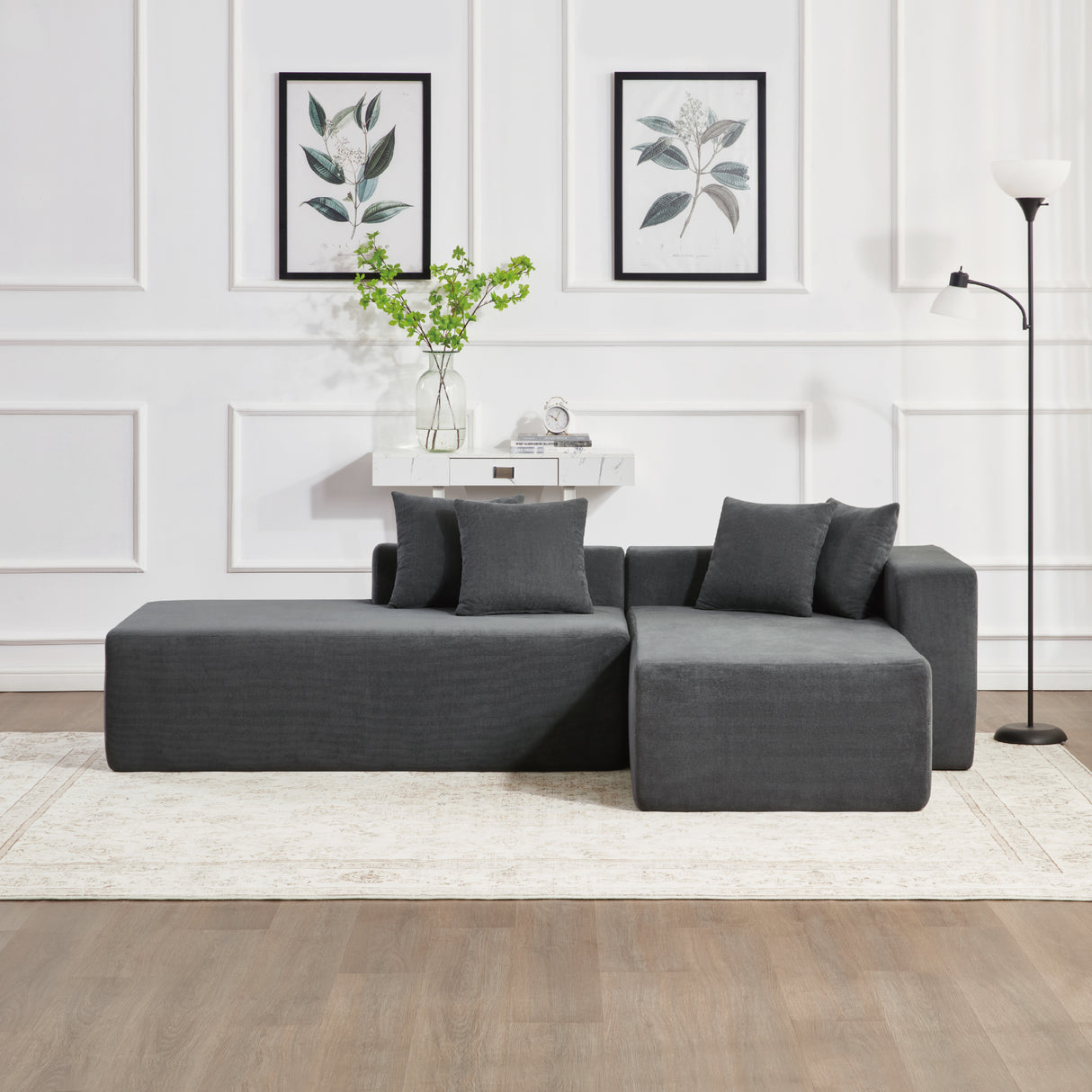 Dark Grey L-Shaped Modular Sofa Bed With Corduroy Upholstery