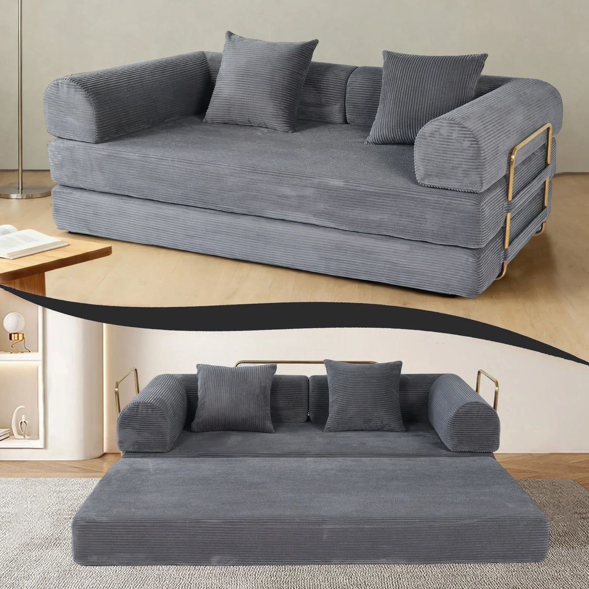 Foldable 3-Seat Soft Memory Foam Sofa Bed With Pillows - Omega Lifestyles
