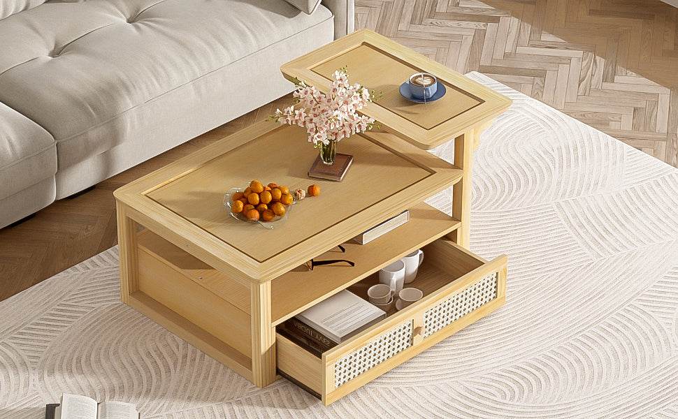 Modern Natural MDF Coffee Table With Rattan Drawer - Sleep Galleria