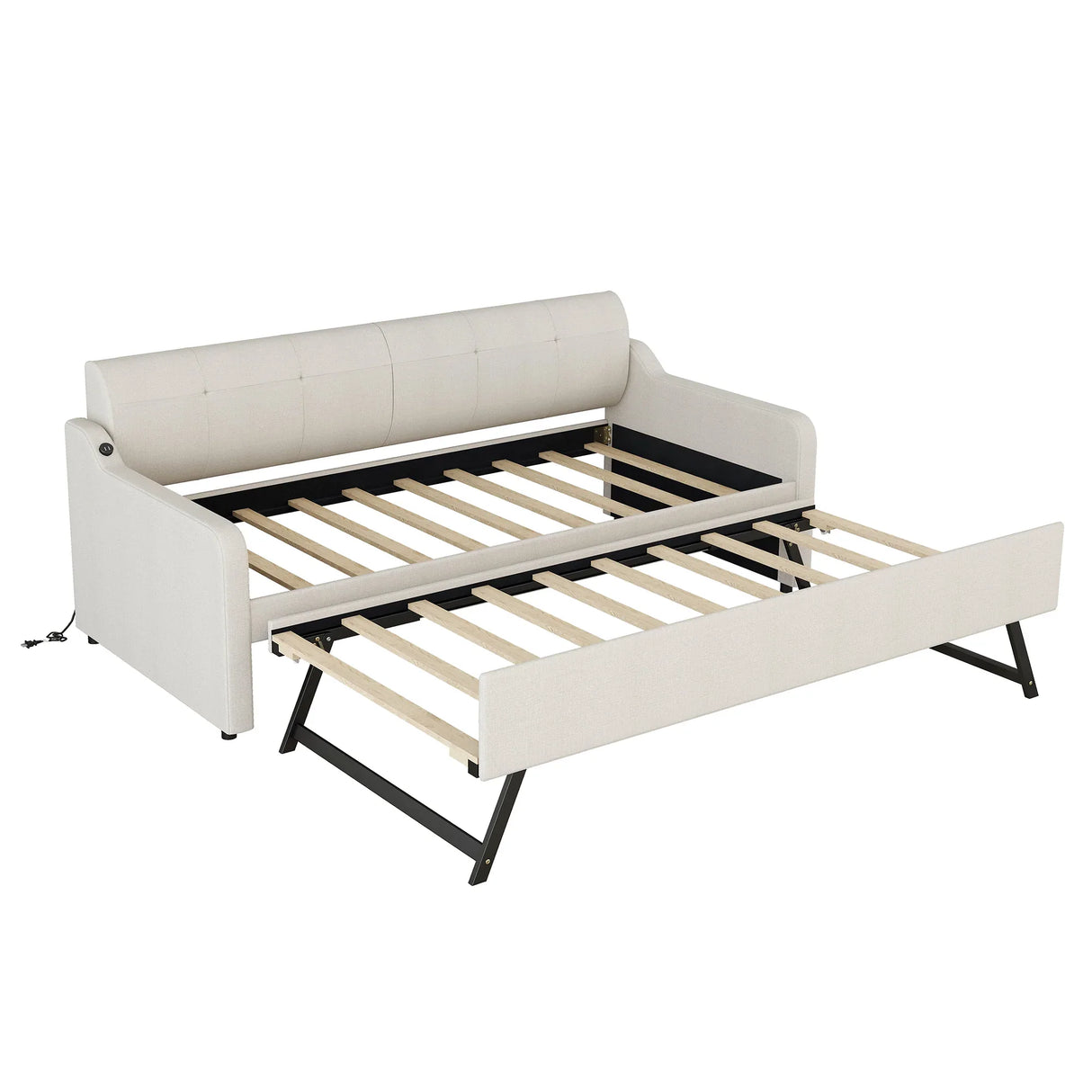 Twin Beige Upholstered Daybed With Trundle And USB Charging - Omega Lifestyles