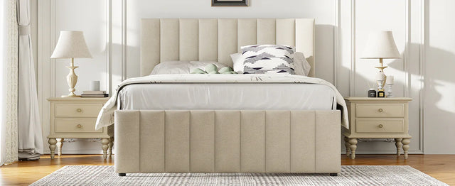 Full Full Size Upholstered Linen Platform Bed With Trundle - Omega Lifestyles