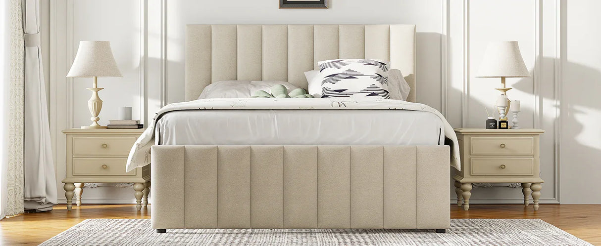 Full Full Size Upholstered Linen Platform Bed With Trundle - Omega Lifestyles