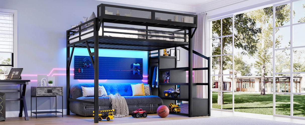 Queen Metal Loft Bed With Storage Stairs USB LED Lighting - Omega Lifestyles