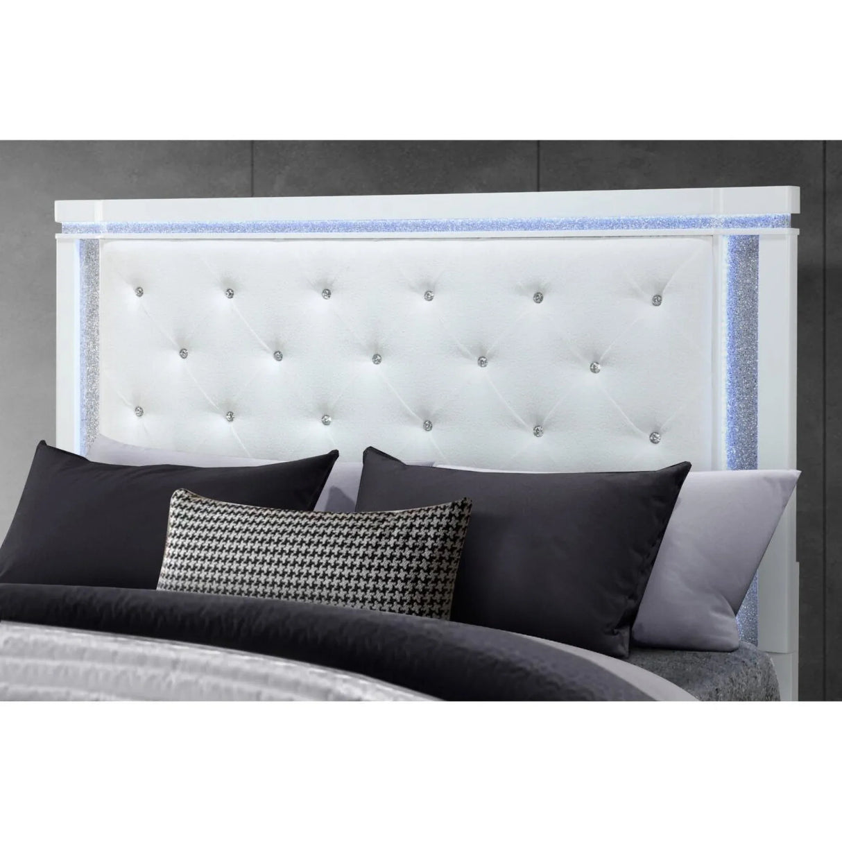 King Contemporary White Tufted Panel Bed Frame With LED Lights - Omega Lifestyles