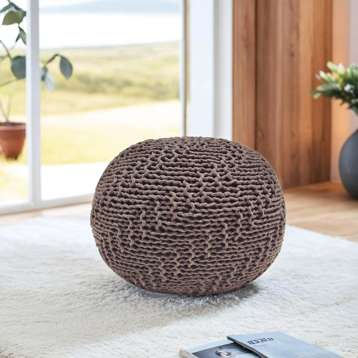 Modern Knit Weave Cotton Pouf Light Brown 20-Inch - Omega Lifestyles
