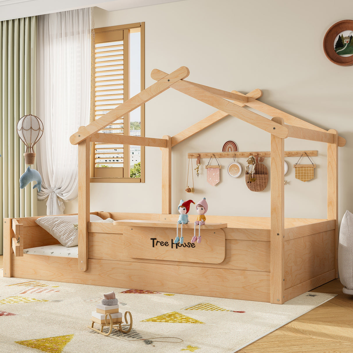 Twin Natural Wood House Bed With Guardrails and Tray