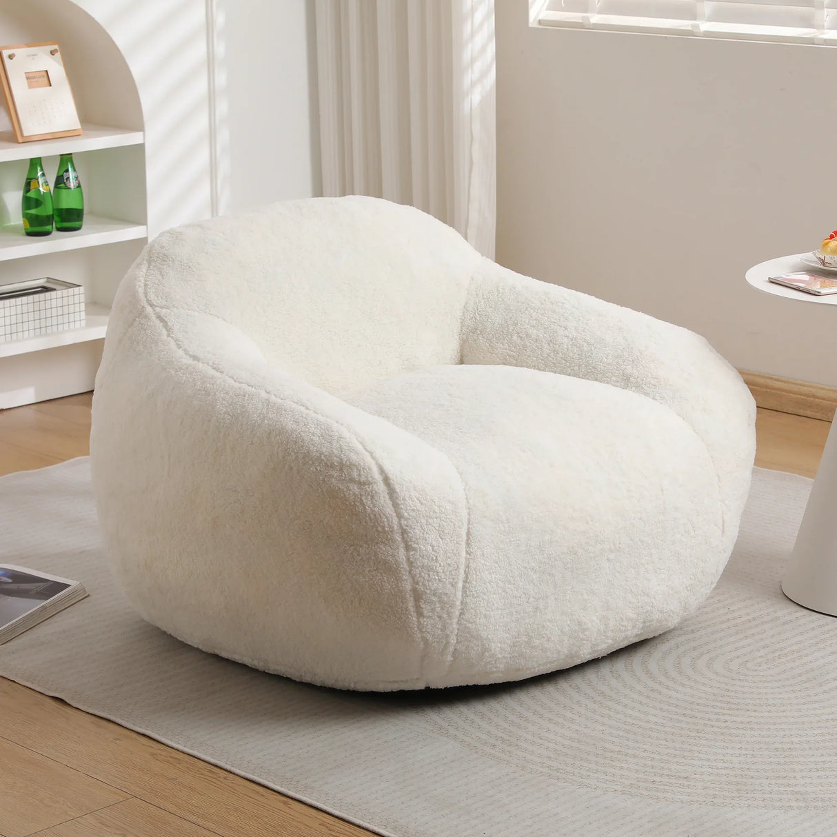 Spacious Off White Teddy Fabric Memory Foam Bean Bag Chair - Omega Lifestyles