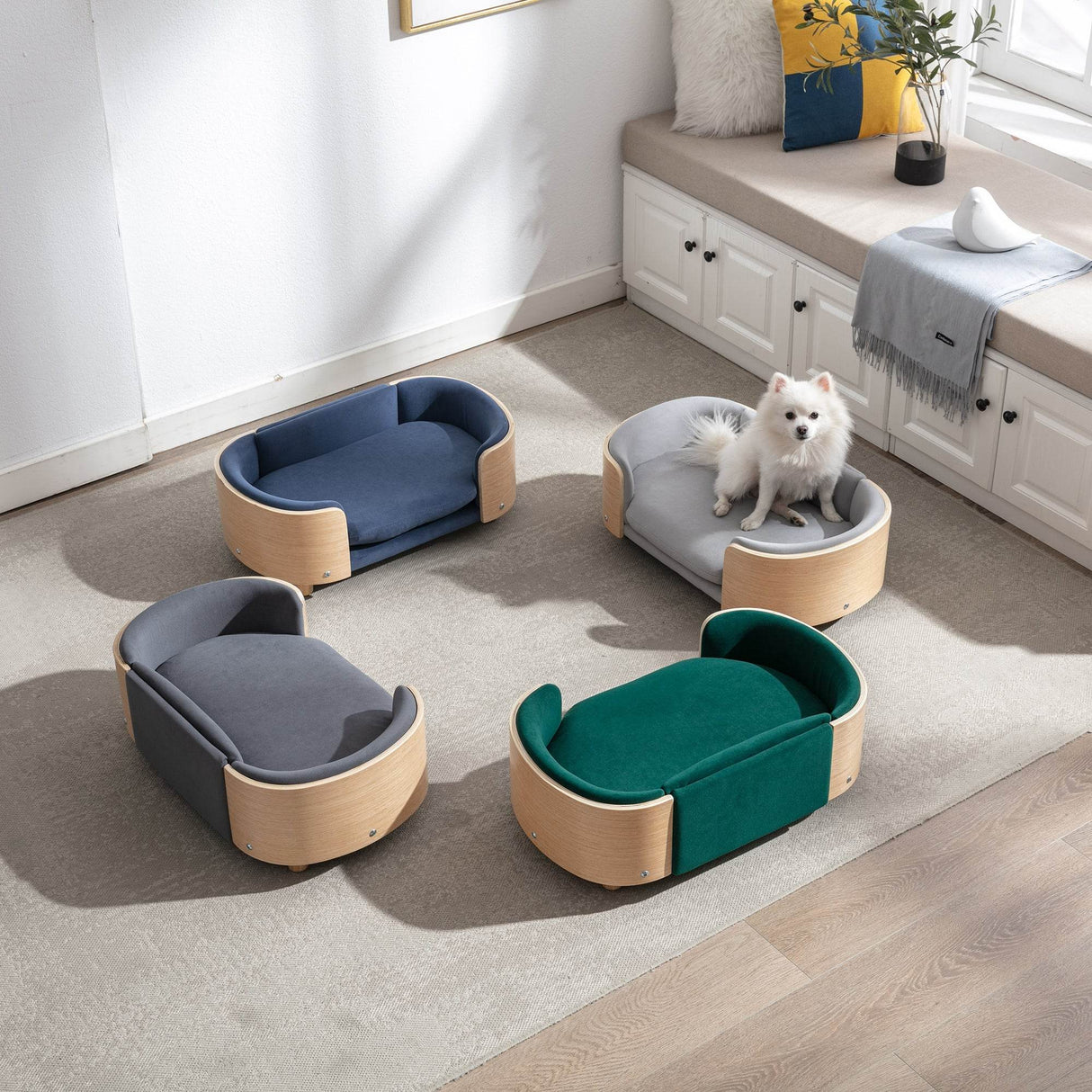 Scandinavian Style Solid Wood Elevated Pet Bed With Velvet Cushion - Sleep Galleria