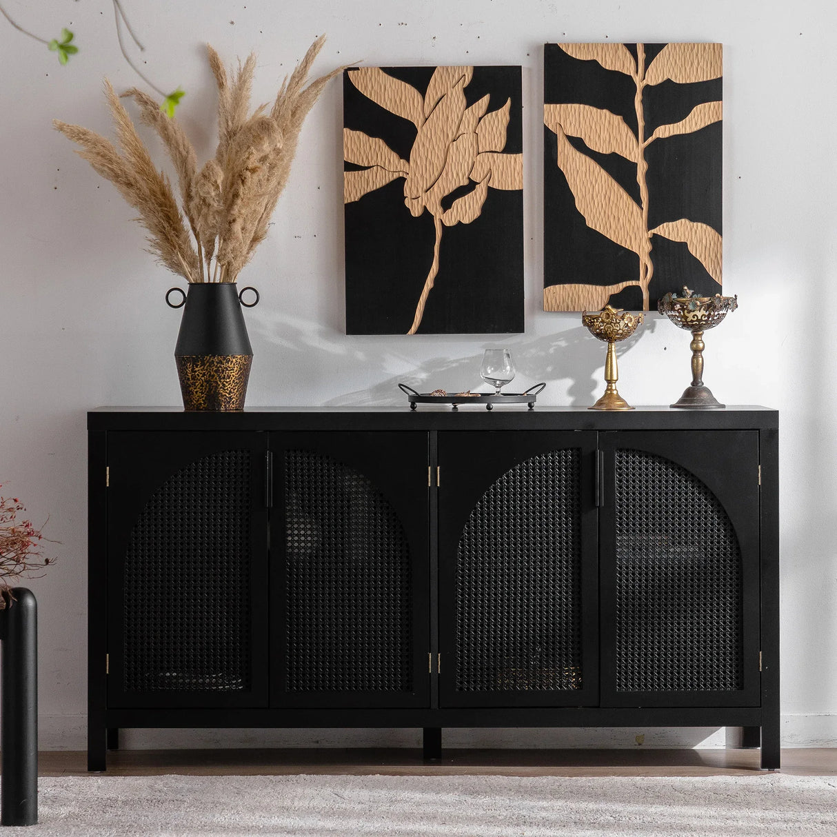 Modern Black MDF Rattan Storage Sideboard Cabinet - Omega Lifestyles