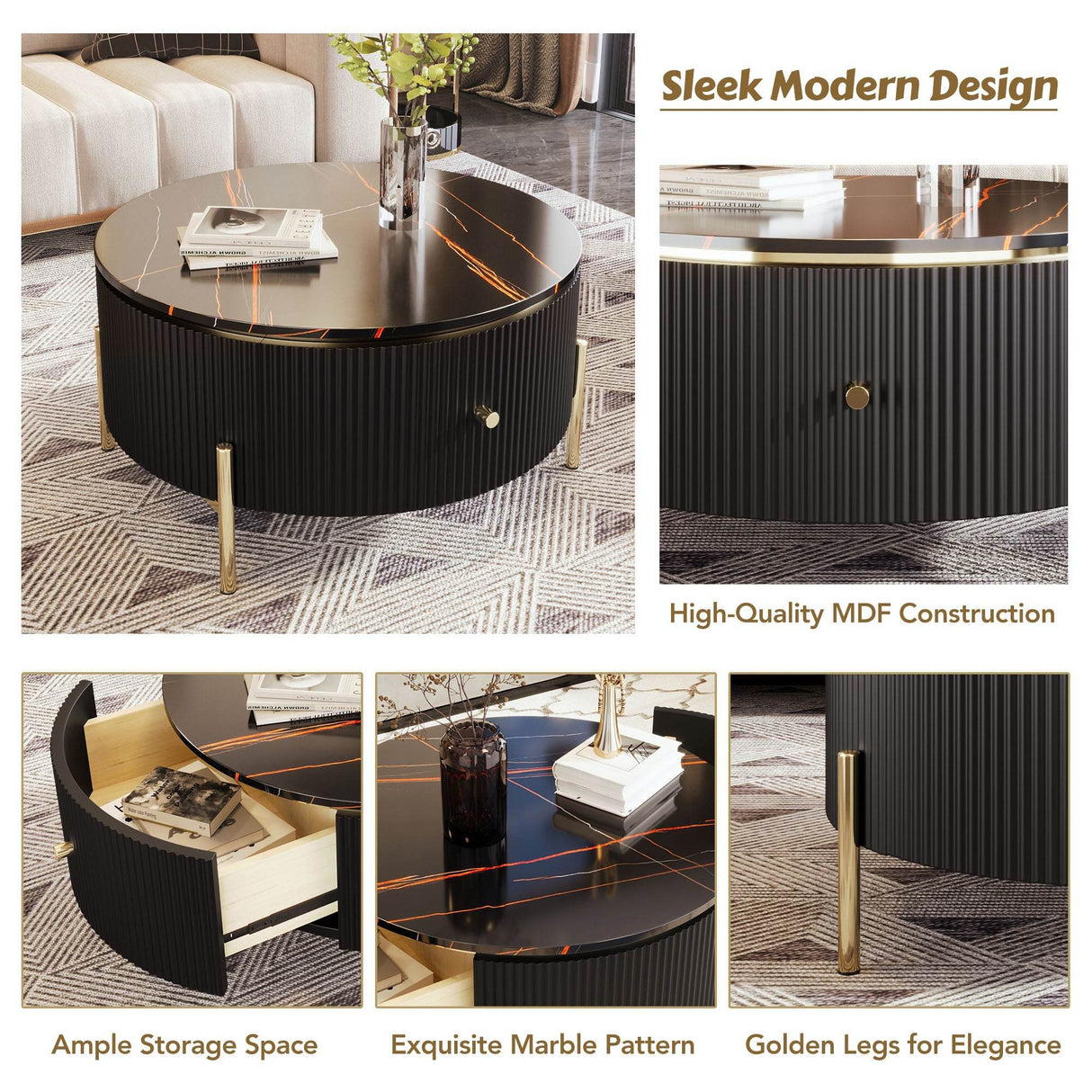 Modern Round Coffee Table With Two Large Drawers - Sleep Galleria
