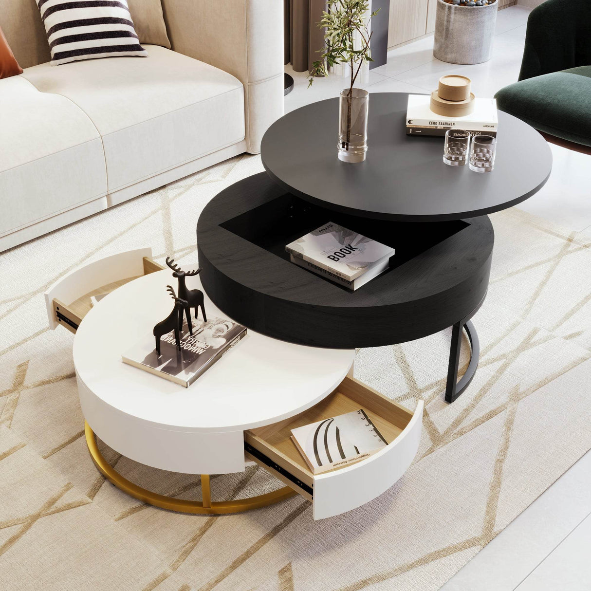 Modern Round Lift-Top Nesting Coffee Tables With Drawers - Sleep Galleria