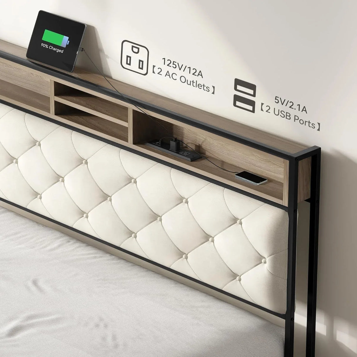 King Size Platform Bed Frame With Charging Station - Omega Lifestyles