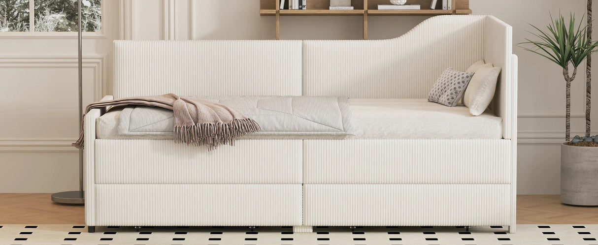 Twin L-Shaped Corduroy Upholstered Daybed With Storage Drawers - Omega Lifestyles