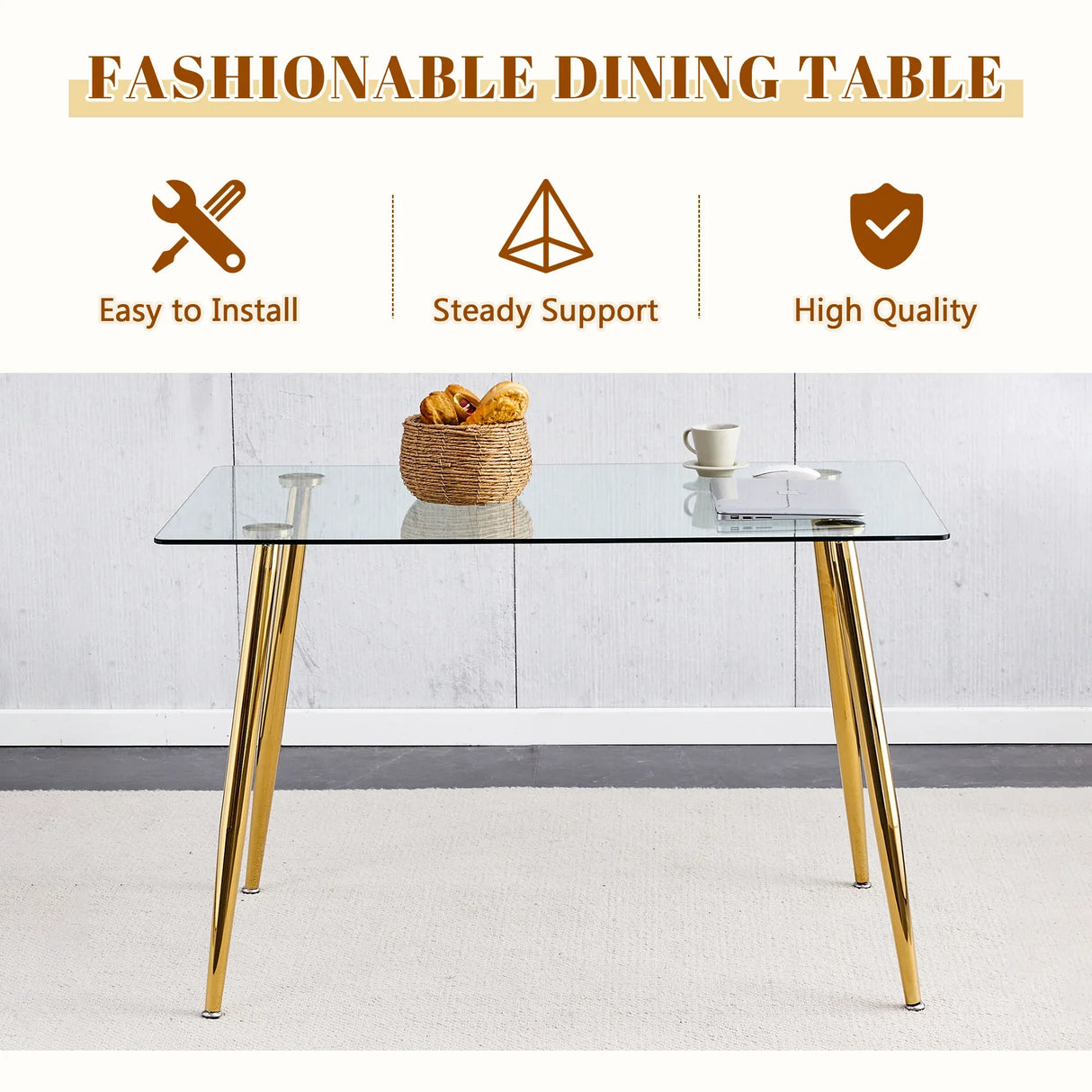 Modern Tempered Glass Dining Table And 6 Gold Chairs Set - Omega Lifestyles