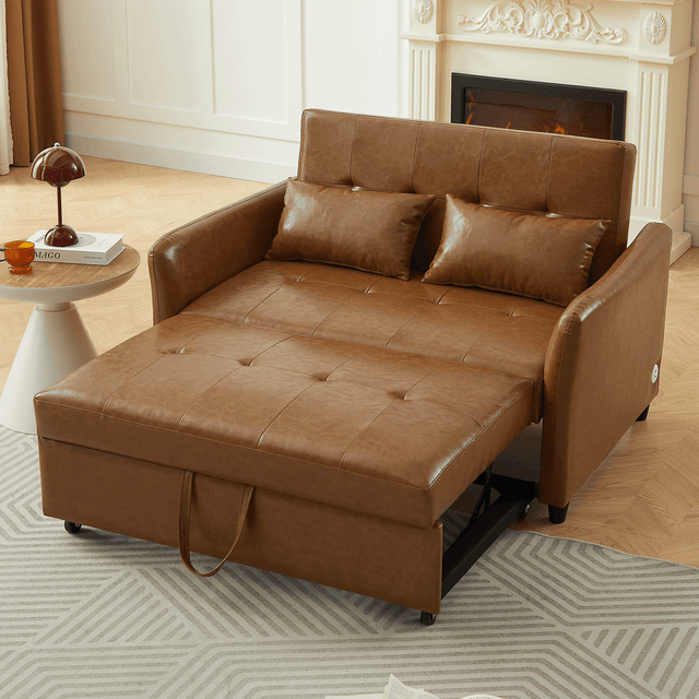 Convertible PU Leather Sofa Bed With USB Ports - Omega Lifestyles