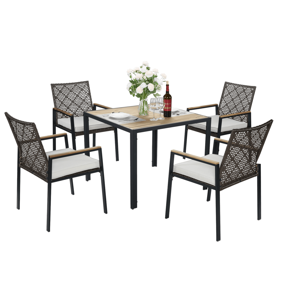 5-Piece Acacia Wood Patio Dining Set With Cushions