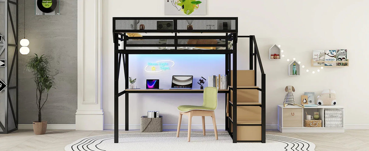 Full Metal Full Size Loft Bed With Desk Charging Station - Omega Lifestyles