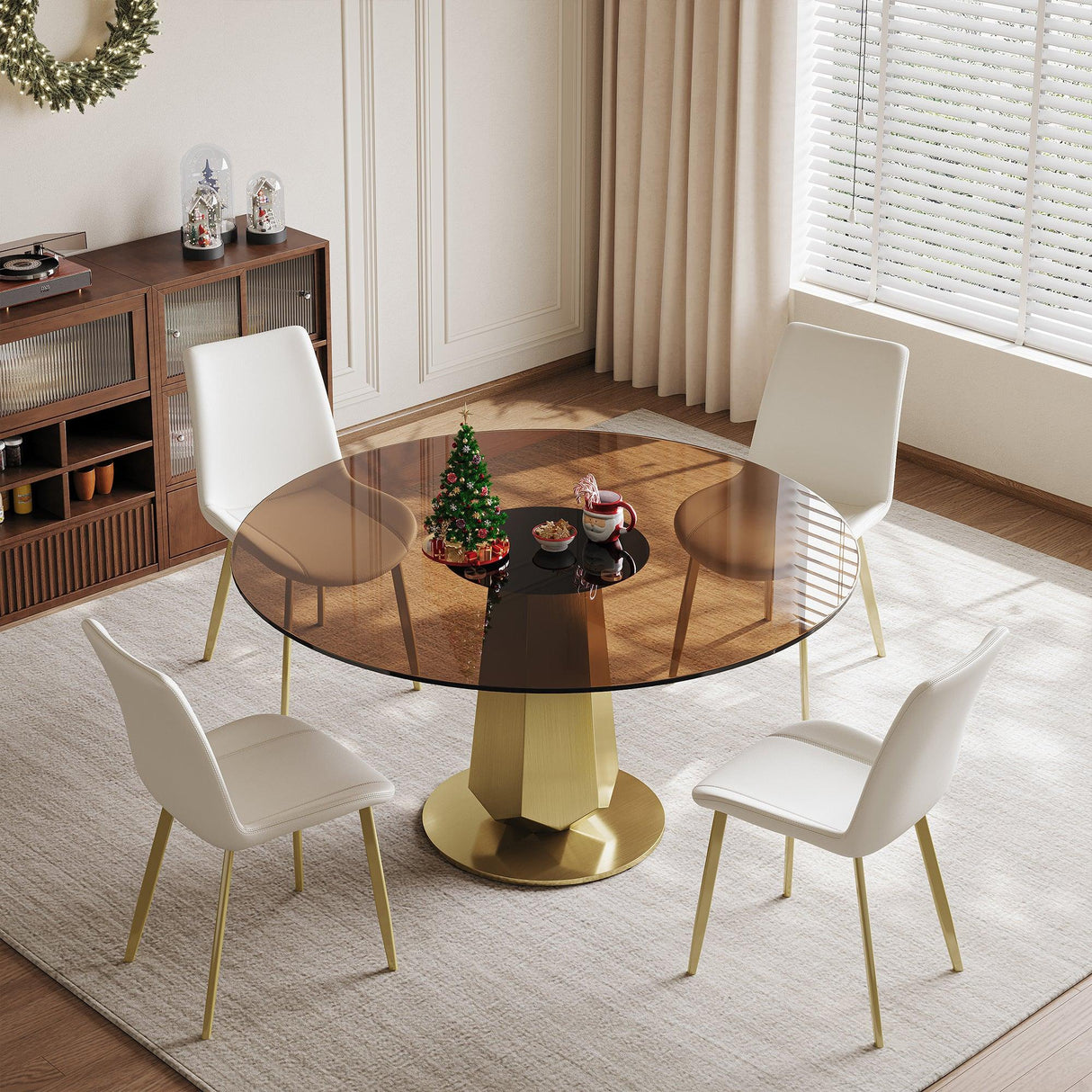 53-Inch Smoked Glass Round Dining Table With Gold Base - Omega Lifestyles