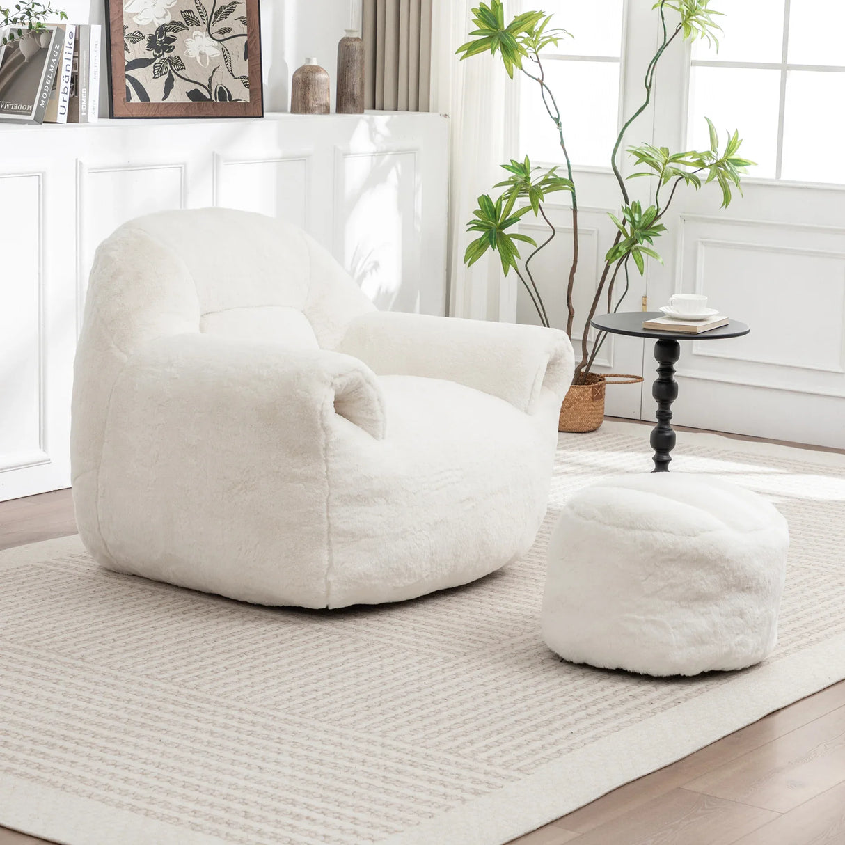 Faux Fur High Density Foam Bean Bag Chair With Footstool - Omega Lifestyles
