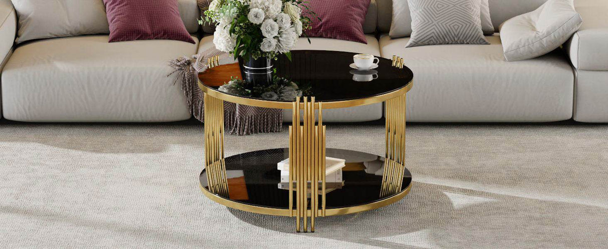 Modern Black Mirror Round Coffee Table With Shelf - Sleep Galleria