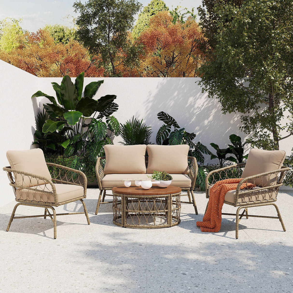 Boho-Inspired Wicker 4-Person Outdoor Seating Set