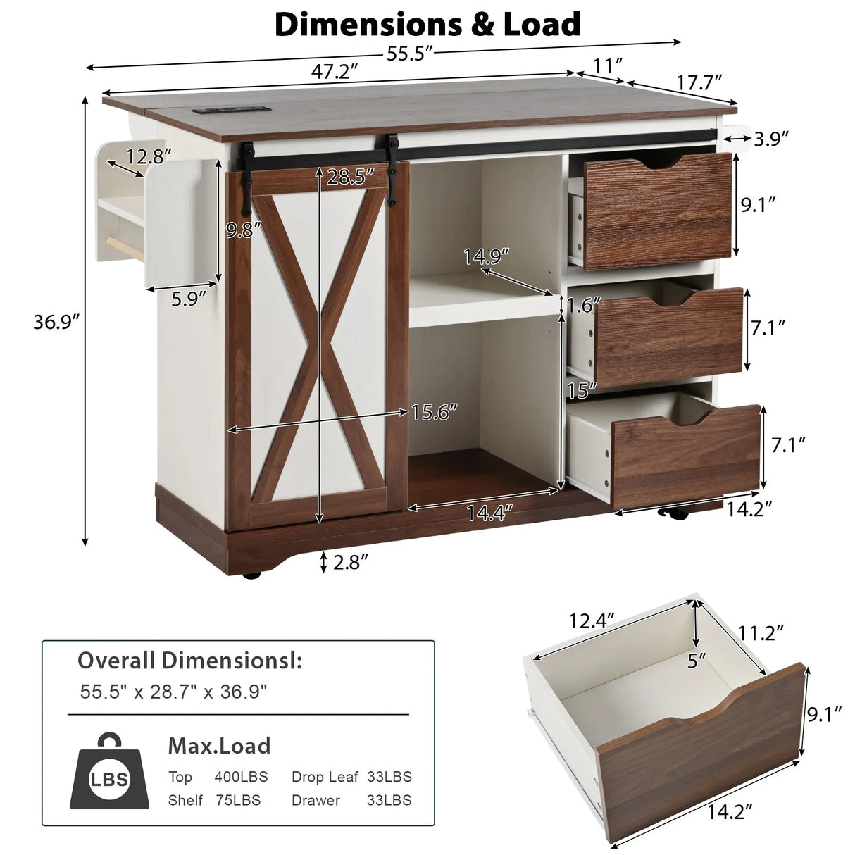 Farmhouse Sliding Barn Door Kitchen Island Cart - Omega Lifestyles