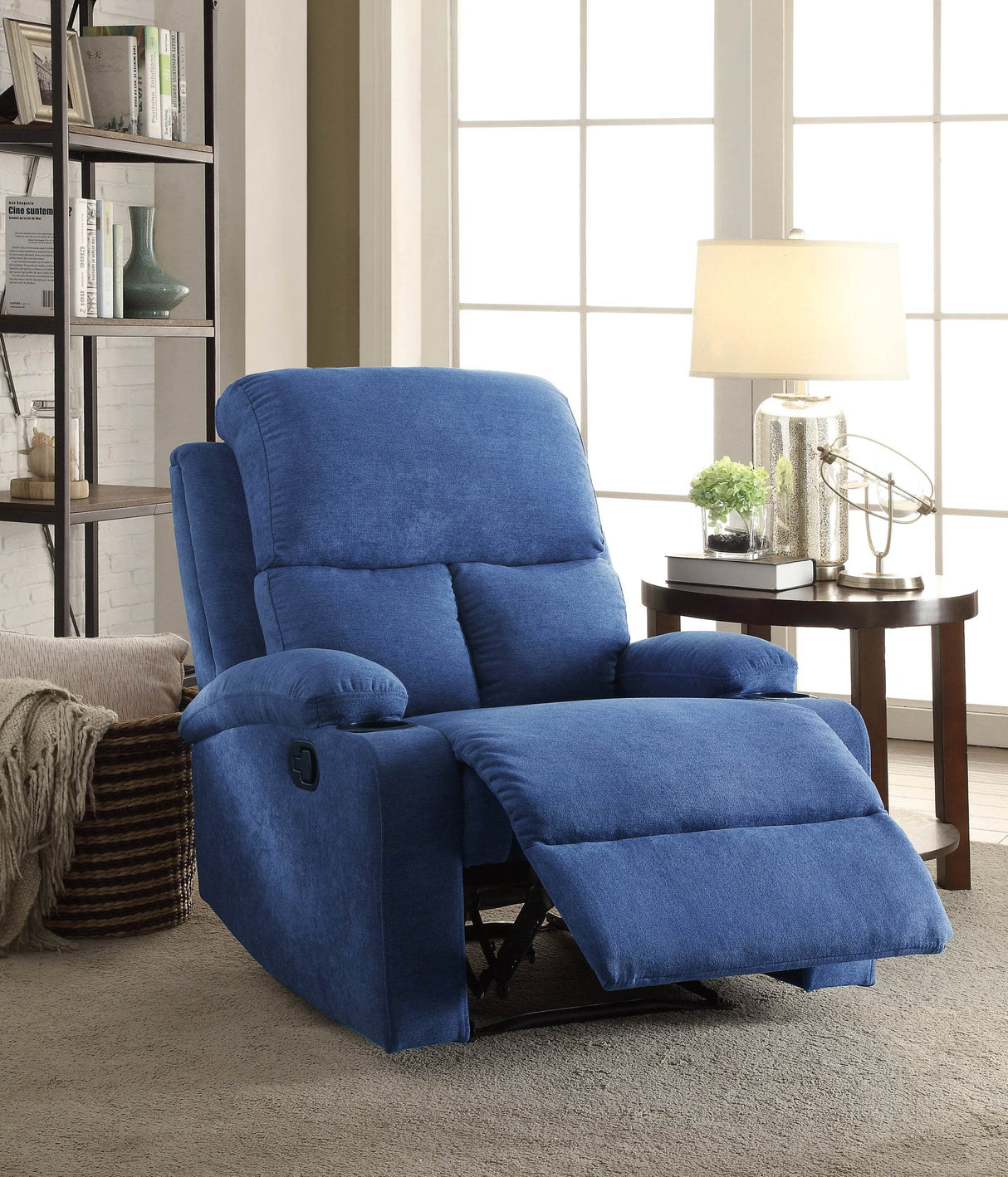 Manual Handle Blue Linen Fabric Reclining Chair